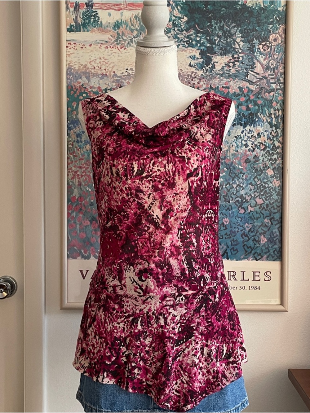 Vintage Nine West Cowl Neck Top Medium Pink White Abstract Print Boho Fairy 90s